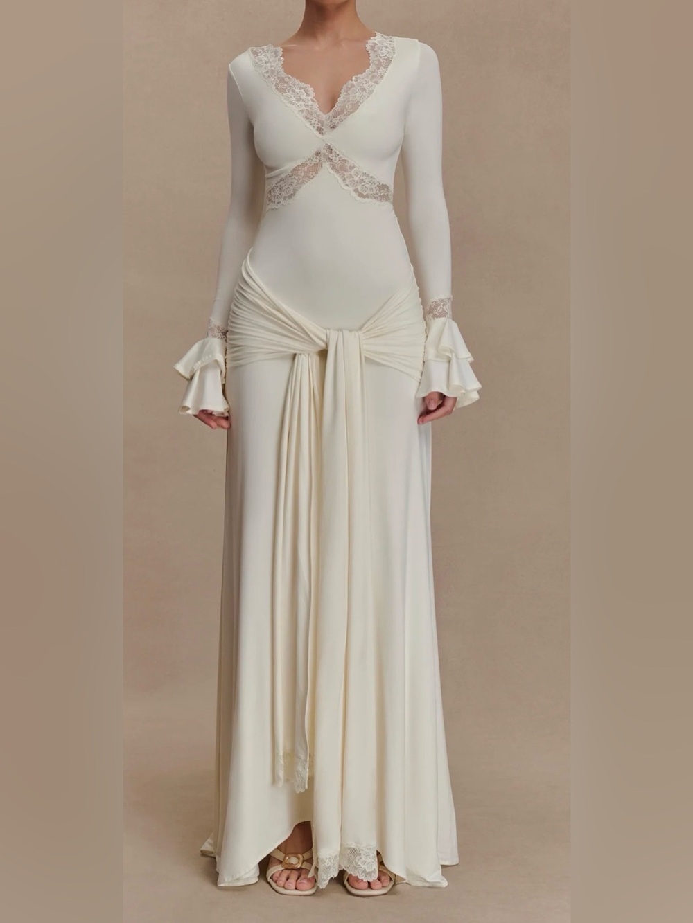 Ivory Long-Sleeve Lace-Trim Maxi Dress with Front Tie